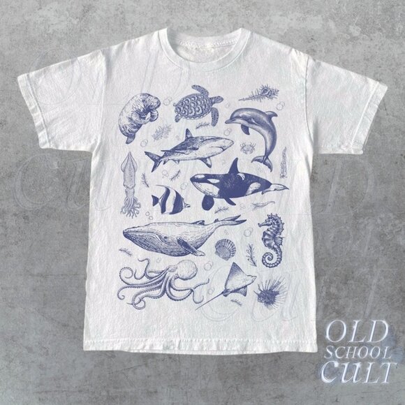 Vintage 90s Tattoo Sea Animal Tshirt, Retro Ocean Nature Shirt - Picture 1 of 3